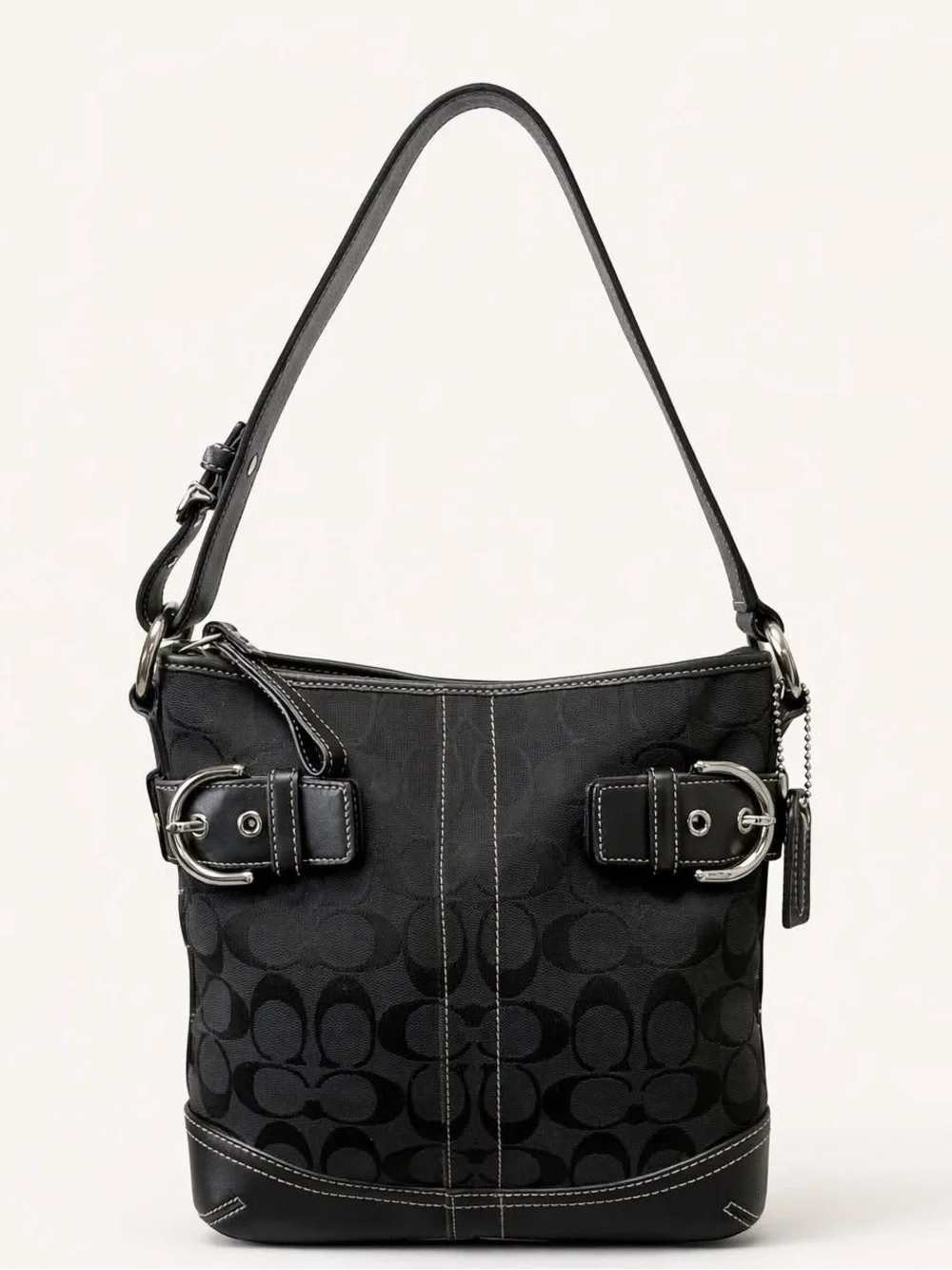 Coach Black Signature Canvas Shoulder Hobo with Buckle Accents
